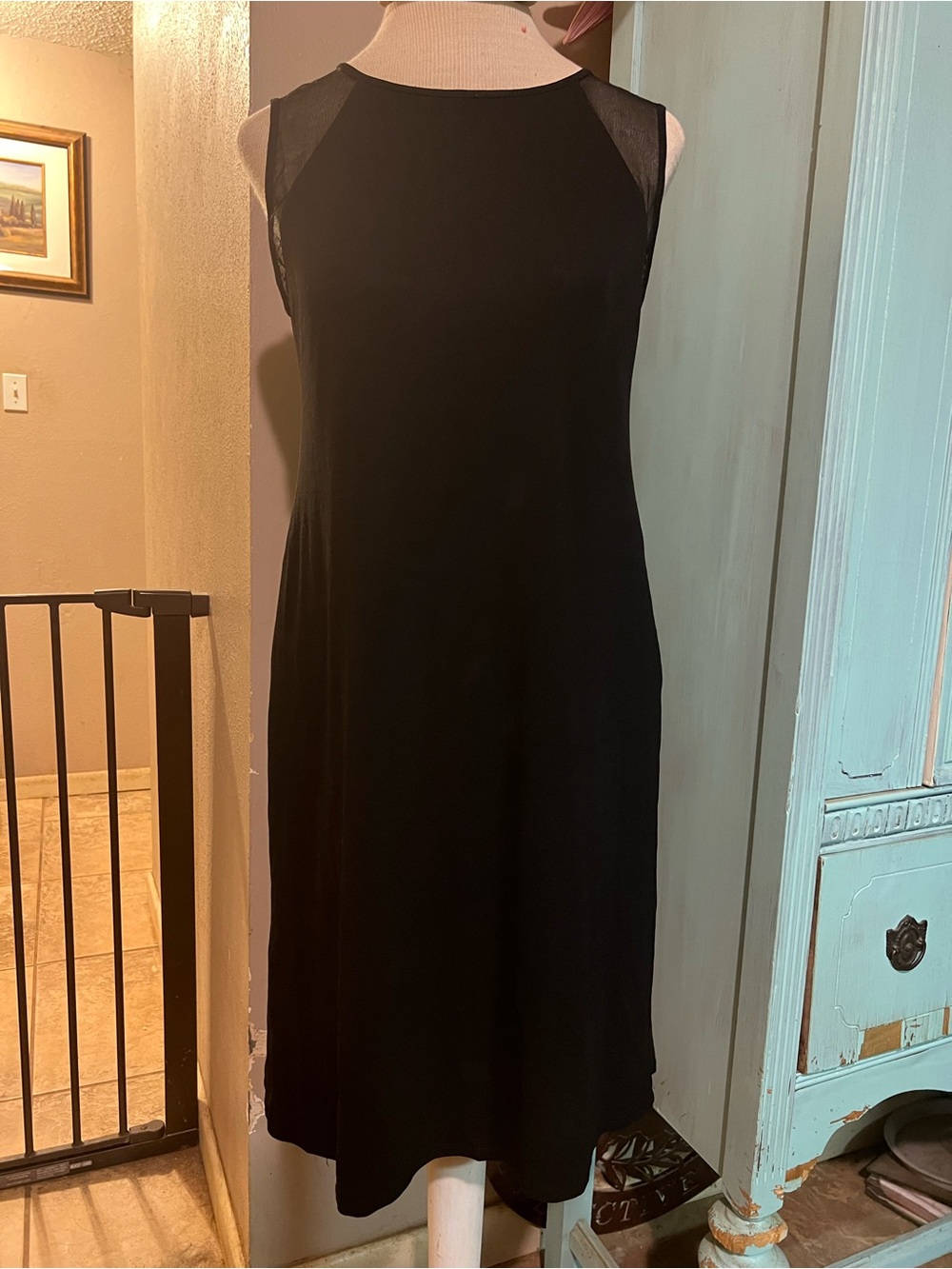 Eileen Fisher Stretch Silk Jersey Shift Black Dress Mesh Shoulder Petite Small